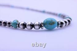 Graduated Blue Kingman Turquoise & Sterling Silver Navajo Pearl Beaded Necklace