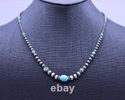 Graduated Blue Kingman Turquoise & Sterling Silver Navajo Pearl Beaded Necklace