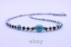 Graduated Blue Kingman Turquoise & Sterling Silver Navajo Pearl Beaded Necklace