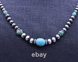 Graduated Blue Kingman Turquoise & Sterling Silver Navajo Pearl Beaded Necklace