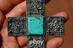 HUGE Kevin Yazzie Navajo Sterling Silver & Turquoise Stone Tufa CROSS Pendant