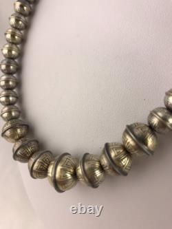 Hand Stamped Bench Navajo Pearls Graduated Sterling Silver Bead Necklace 19 Hand Stamped Bench Navajo Pearls Graduated Sterling Silver Bead Necklace 19