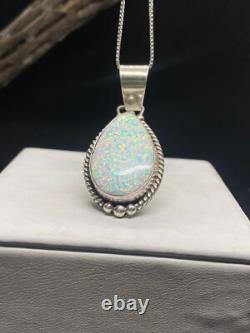 Handmade Native American Navajo White fire opal Sterling silver pendant