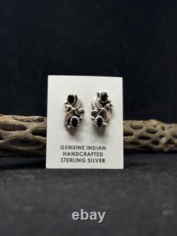 Handmade Native American Navajo black onyx Sterling Silver leaf post earrings