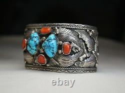 Huge Native American Navajo Turquoise Coral Sterling Cuff Bracelet Large Size