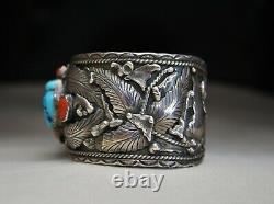 Huge Native American Navajo Turquoise Coral Sterling Cuff Bracelet Large Size