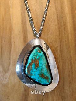 Huge Vtg Navajo Sterling Spiderweb Turquoise Shadowbox Pendant Necklace Old Pawn