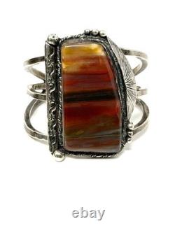 Jack Tom Petrified Wood & Sterling Silver Vintage Cuff Bracelet