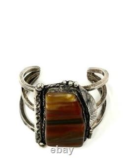 Jack Tom Petrified Wood & Sterling Silver Vintage Cuff Bracelet