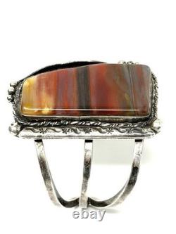 Jack Tom Petrified Wood & Sterling Silver Vintage Cuff Bracelet