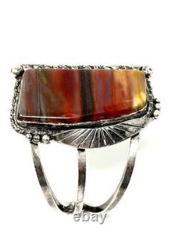 Jack Tom Petrified Wood & Sterling Silver Vintage Cuff Bracelet