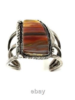 Jack Tom Petrified Wood & Sterling Silver Vintage Cuff Bracelet