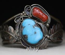 Justin Morris Native American Navajo Turquoise Coral Sterling Silver Bracelet