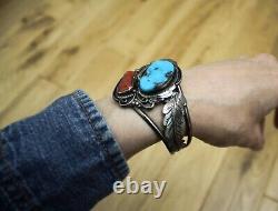 Justin Morris Native American Navajo Turquoise Coral Sterling Silver Bracelet