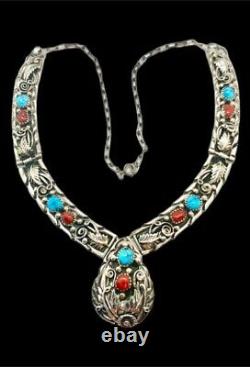 Keith James Navajo Sterling Silver Turquoise Coral Squash Blossom Bib Necklace