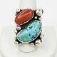 Large Native American Navajo Sterling Silver Turquoise And Coral Ring Size 10.5