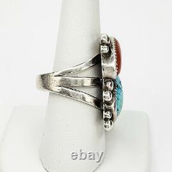 Large Native American Navajo Sterling Silver Turquoise and Coral Ring Size 10.5