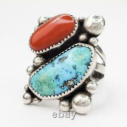 Large Native American Navajo Sterling Silver Turquoise and Coral Ring Size 10.5