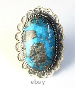 Large Native American Sterling Silver Navajo Kingman Turquoise Ring Size 7