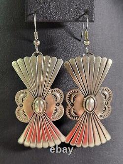 Large Native American Style Navajo Inspired Sterling Silver Dangle Earrings RARE