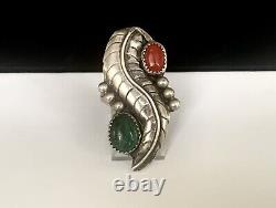 Large Navajo Sterling Silver Native American LONG Treated Coral Ring