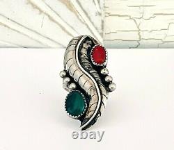 Large Navajo Sterling Silver Native American LONG Treated Coral Ring