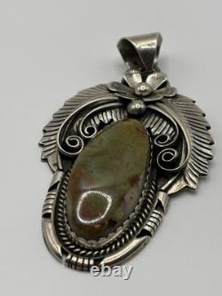 Large Vintage Navajo Sterling Silver Green Turquoise Pendant Signed AM