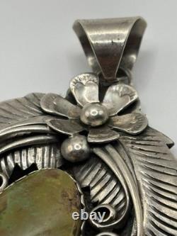 Large Vintage Navajo Sterling Silver Green Turquoise Pendant Signed AM