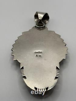 Large Vintage Navajo Sterling Silver Green Turquoise Pendant Signed AM