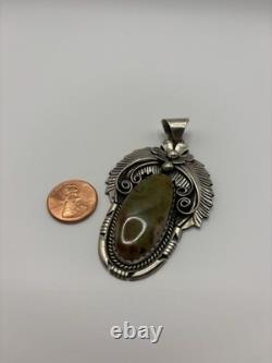 Large Vintage Navajo Sterling Silver Green Turquoise Pendant Signed AM