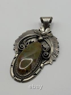 Large Vintage Navajo Sterling Silver Green Turquoise Pendant Signed AM