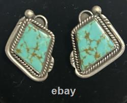 Large Vtg Navajo Native American Sterling Silver & Turquoise Clip On Earrings
