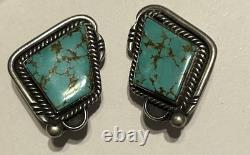 Large Vtg Navajo Native American Sterling Silver & Turquoise Clip On Earrings