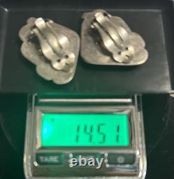 Large Vtg Navajo Native American Sterling Silver & Turquoise Clip On Earrings