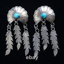 Long 3 Native American Navajo Turquoise Concho Pierced Earring Feather Dangles