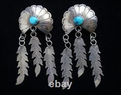 Long 3 Native American Navajo Turquoise Concho Pierced Earring Feather Dangles
