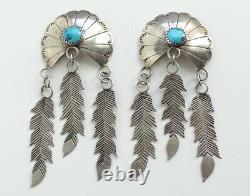 Long 3 Native American Navajo Turquoise Concho Pierced Earring Feather Dangles