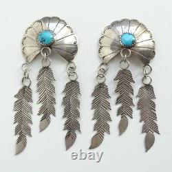 Long 3 Native American Navajo Turquoise Concho Pierced Earring Feather Dangles