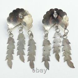Long 3 Native American Navajo Turquoise Concho Pierced Earring Feather Dangles