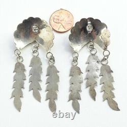 Long 3 Native American Navajo Turquoise Concho Pierced Earring Feather Dangles