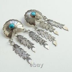 Long 3 Native American Navajo Turquoise Concho Pierced Earring Feather Dangles