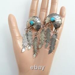 Long 3 Native American Navajo Turquoise Concho Pierced Earring Feather Dangles
