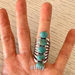 Long 5 Stone Navajo Ring Sz 8 Sterling Signed Yazzie Turquoise Native American