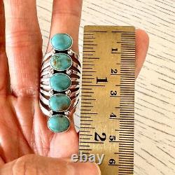 Long 5 Stone Navajo Ring Sz 8 Sterling Signed Yazzie Turquoise Native American