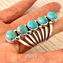 Long 5 Stone Navajo Ring Sz 8 Sterling Signed Yazzie Turquoise Native American