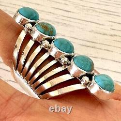 Long 5 Stone Navajo Ring Sz 8 Sterling Signed Yazzie Turquoise Native American