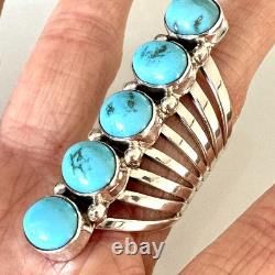 Long 5 Stone Navajo Ring Sz 8 Sterling Thomas Yazzie Turquoise Native American