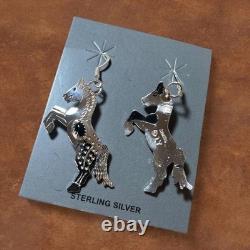 Louise Yazzie Native American Navajo Sterling Silver Horse Dangle Hook Earrings