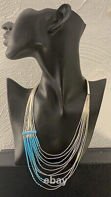 Lovely Native American Liquid 925 Silver Multi String Turquoise Beaded Necklace