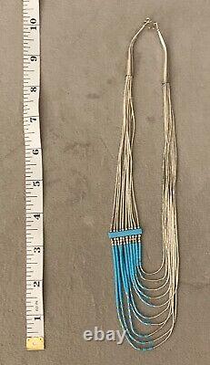 Lovely Native American Liquid 925 Silver Multi String Turquoise Beaded Necklace